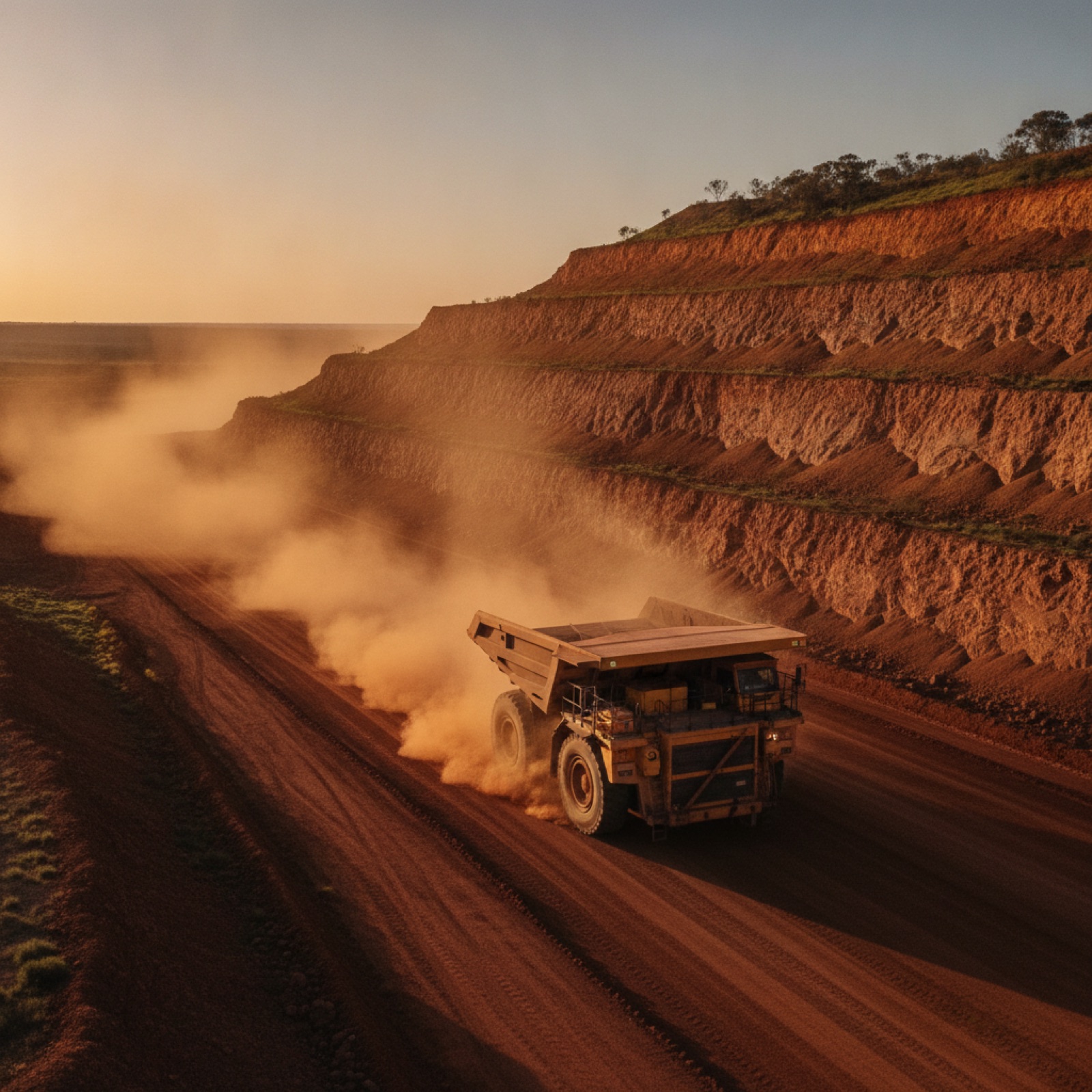 Haul truck on a red-earth road at an Australian iron ore mine